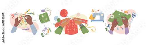 Handmade craft hobbies, embroidery and knitting, sewing and tailoring. Equipment and materials for crafts, classes and lessons for learning and developing skills. Scissors and woolen yarn, vector