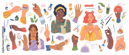Multi ethnic woman of different nationalities making manicure isolated icons set. Vector girls hand and tools for perfect nails, wood cuticle sticks, pusher, trimmer, nail-file and scissors, gel lamp