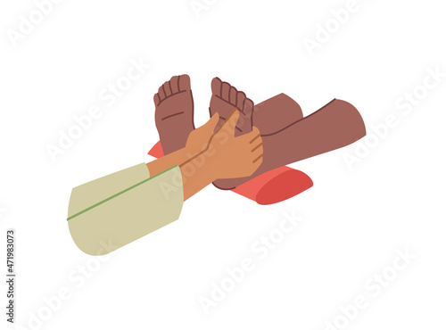 Professional foot massage isolated masseur hands massaging afro american man woman legs. Vector flat cartoon authentic luxury spa treatment. Feet massaging in beauty salon, relaxing and health care
