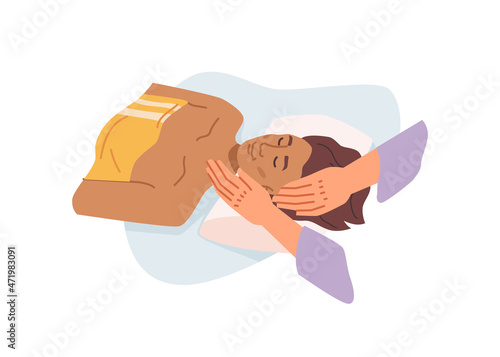 Head massage to woman in spa salon, masseur hands flat cartoon. Vector girl lying on back while therapist massaging his head hair scalp, face. Vector lady enjoying relaxing treatment, aromatherapy