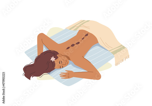 Hot stone massage in spa salon, pebbles young woman back, flat cartoon illustration. Vector meditation and health care, lady lying on towel with warm pebbles. Anti stress relaxation, leisure