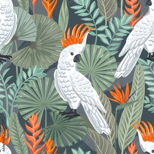 Seamless tropical pattern with cockatoo