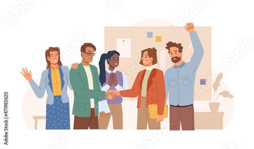 People working in office cheering and congratulate colleagues with promotion or successful business deal. Vector man and woman shaking hands, team clapping and applauding. Corporate office workers