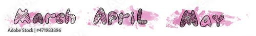 Black Line art set lettering March, May and April month with Watercolor pink blot on white background photo