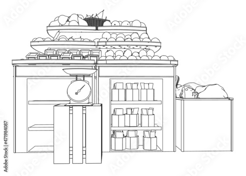 Outline of a counter with fruits and scales from black lines isolated on white background. Apples and pears. Vector illustration