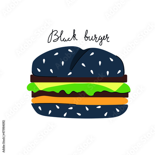Black burger in flat design. Fast food concept.