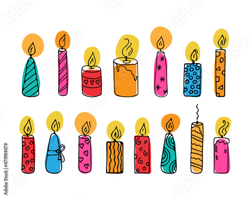 Doodle candles set.Decoration for birthday party or romantic dinner for Valentine's Day.Festive hand-drawn collection candlelight with wick and wax.Colored elements for creating special atmosphere.