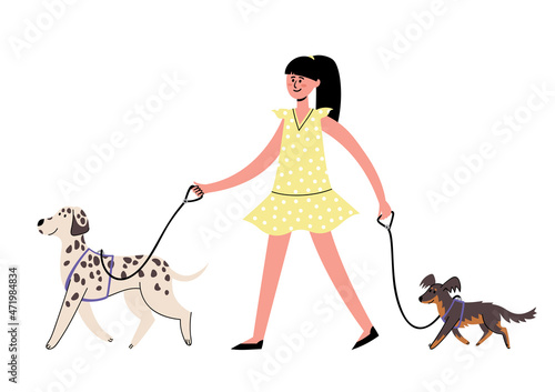 Vector set of woman owner training and walking with dog