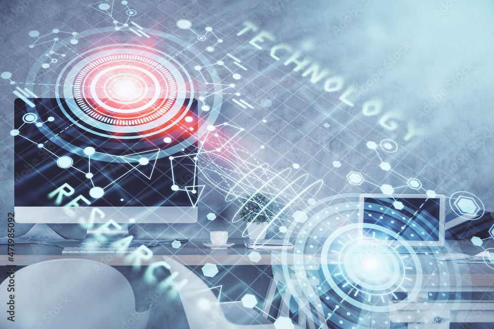 Multi exposure of data theme drawing and office interior background. Concept of technology. Multi exposure of data theme drawing and office interior background. Concept of technology.