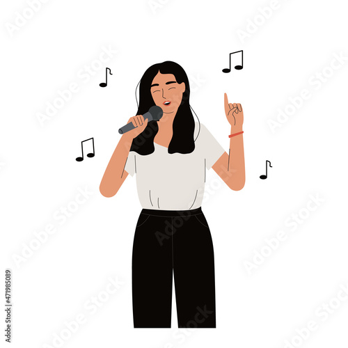 Girl with microphone,young woman singing song.Flat hand-drawn cartoon character.Female is enjoying melody song.Contented happy vocalist,cheerful lady in good mood.Editable strokes. Isolated.Vector