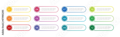 Set colorful number options for interface applications. Button element web design. Infographics 1 to 12. Vector illustration template