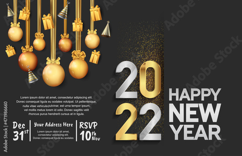 happy new year 2022 golden and silver number with party element isolated on black background