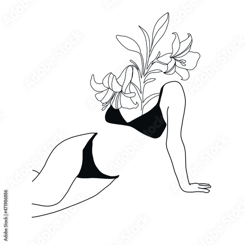 Abstract Minimalistic Woman Figure With Flowers. Fashion Sensual Vector Illustration Of Female Body In Trendy Linear Style. Design for t-shirts print, poster, tattoo, logo. 