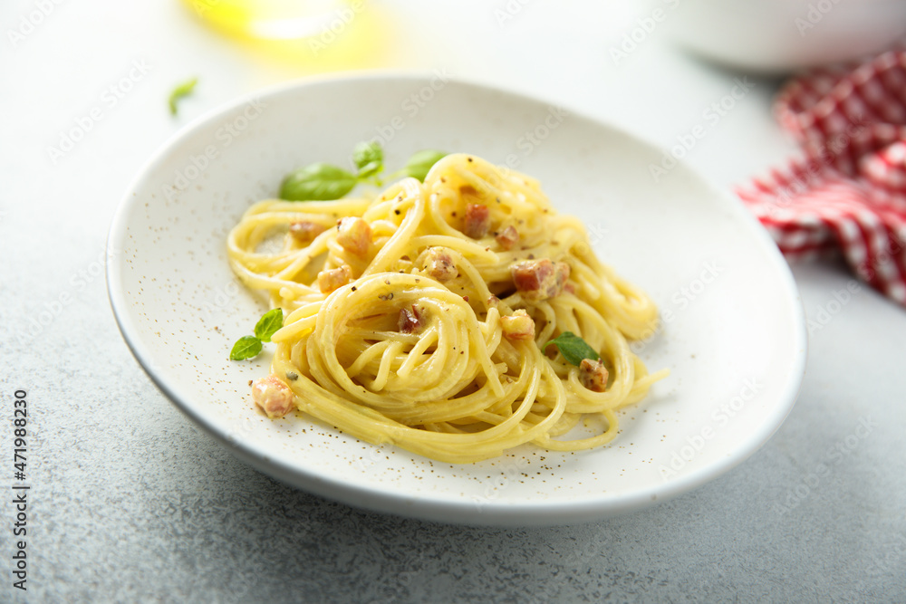 Traditional homemade pasta Carbonara with pork and egg