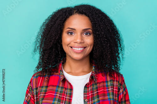 Photo of young charming african lady good mood visit dentist cavity protection clinic isolated over teal color background