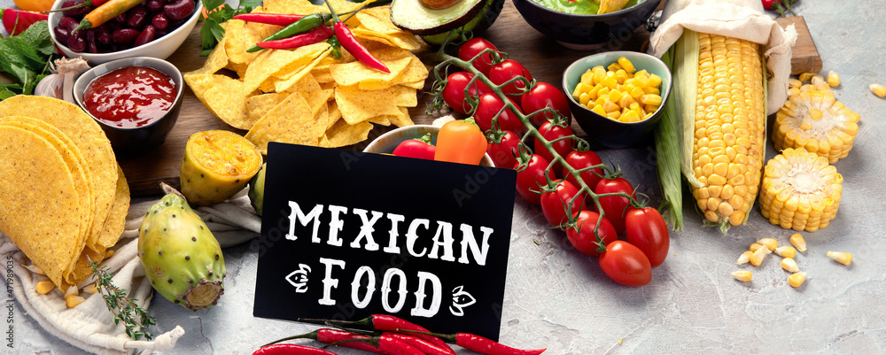 custom made wallpaper toronto digitalMexican dishes and snacks assortment on light gray background.
