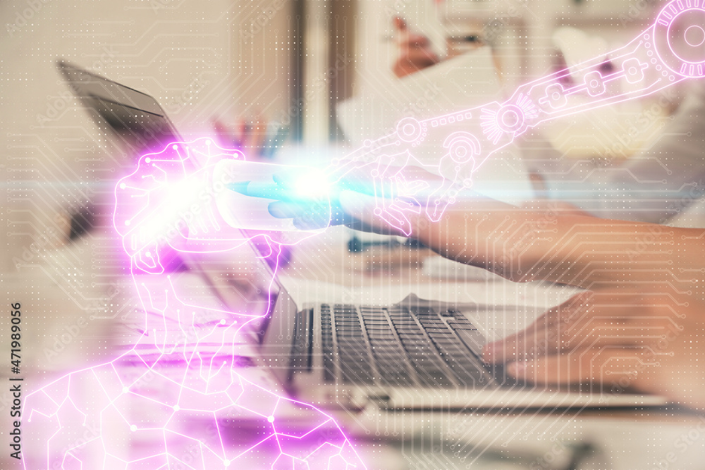 Fototapeta premium Double exposure of woman hands typing on computer and man in AR glasses drawing. Education concept.