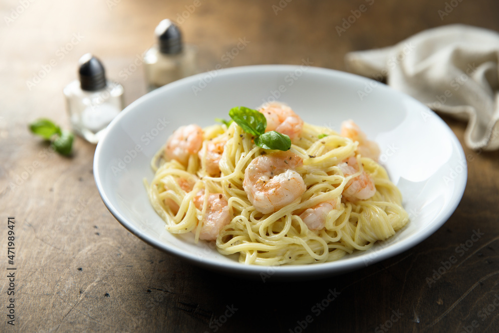 Traditional homemade pasta with shrimps