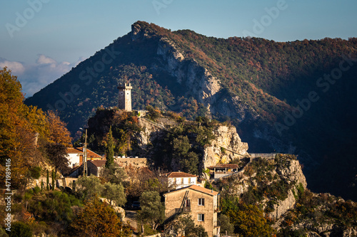 Aerial view above the French Village of Sigale in the Alpes-Maritimes department in the southeastern Provence-Alpes-Côte d'Azur region of France photo