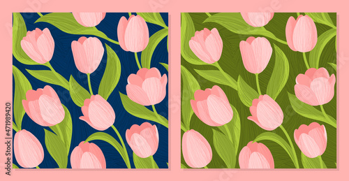Pink Tulips in abstract background - set of Seamless patterns. Spring flowers on a  blue and green background. Vector background for fabric, textile, wallpaper, posters, gift wrapping paper.