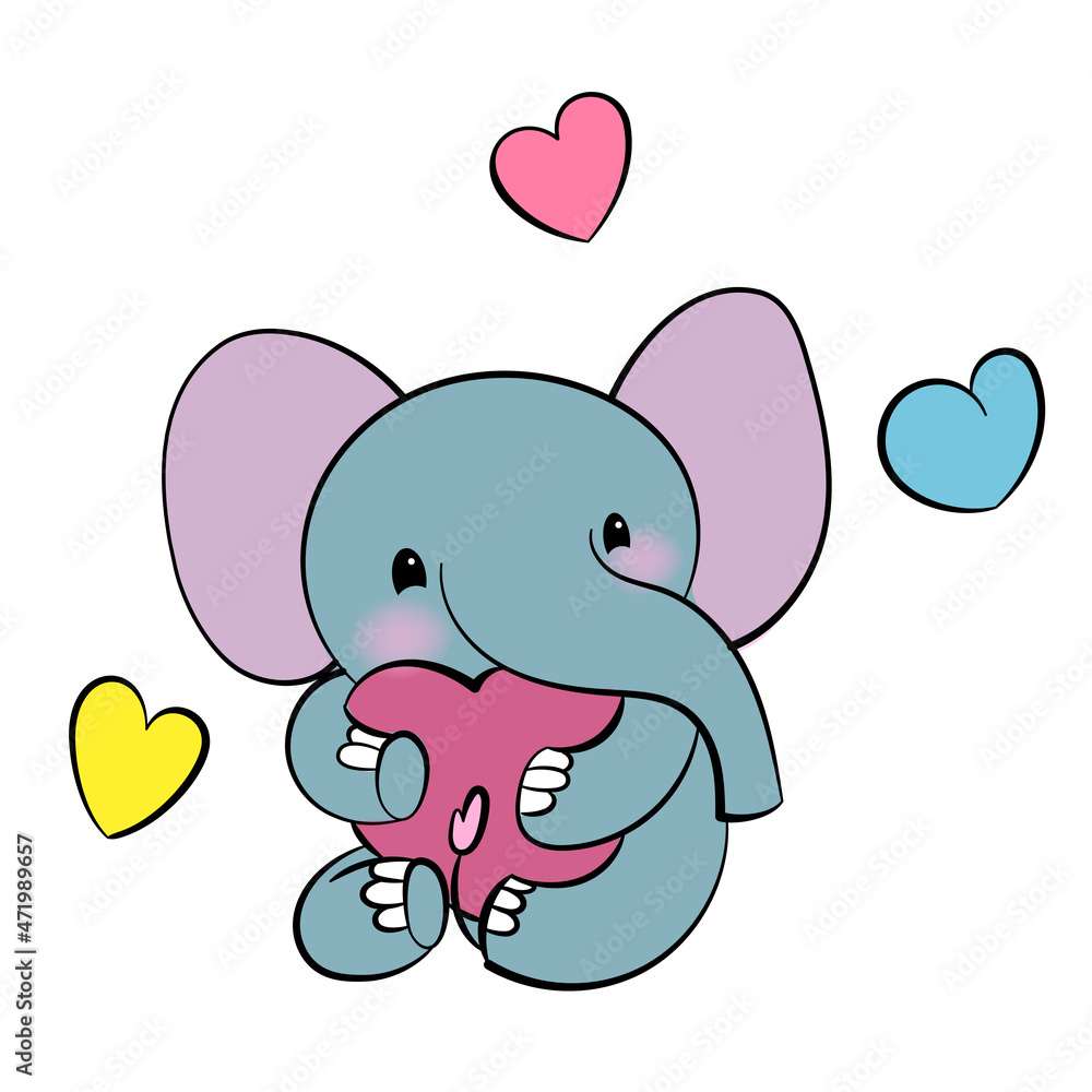 Fototapeta premium Emotional sticker with cute elefant. Kawaii style. Cartoon emoji sticker with loving elefant. Vector illustration.