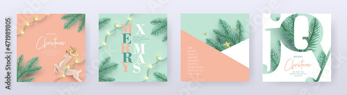 Merry Christmas and Happy New Year Set of backgrounds, greeting cards, posters, holiday covers. Xmas Design with realistic fir tree branches, deer and garlands lights in modern 3d realistic style