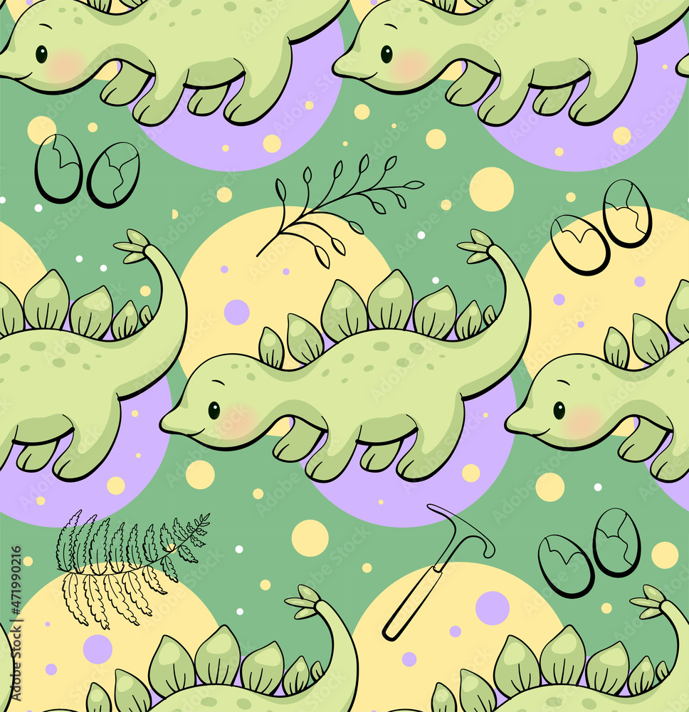 Obraz premium Seamless pattern with cute dinosaur. Stegosaurus in kawaii style. Vector