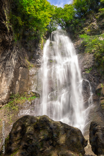Makhuntseti waterfall, one of the highest waterfalls in Ajara. Point in a Acharistsqali river, where water flows over a vertical drop or a series of steep drops