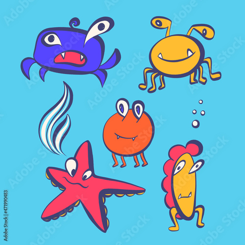 Collection of funny monsters living in the sea