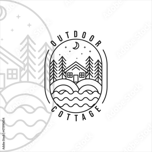 cottage or cabin line art vector logo illustration template icon graphic design. adventure outdoor at forest in night concept minimalist simple badge typography style