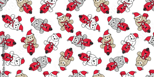 Bear seamless pattern christmas polar bear santa claus vector riding bike motorcycle scooter doodle cartoon repeat background tile wallpaper illustration design