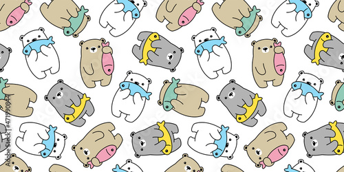 bear seamless pattern polar fish vector teddy cartoon repeat wallpaper doodle tile background illustration scarf isolated design