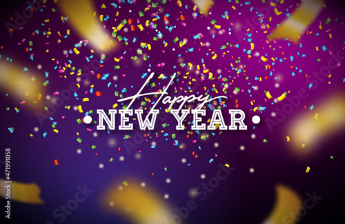 Happy New Year 2022 Illustration with Typography Letter and Falling Confetti on Colorful Background. Vector Christmas Holiday Season Design for Flyer, Greeting Card, Banner, Celebration Poster, Party