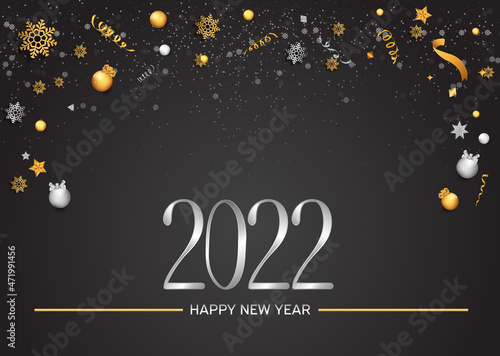 happy new year 2022 silver number with christmas element isolated on black background