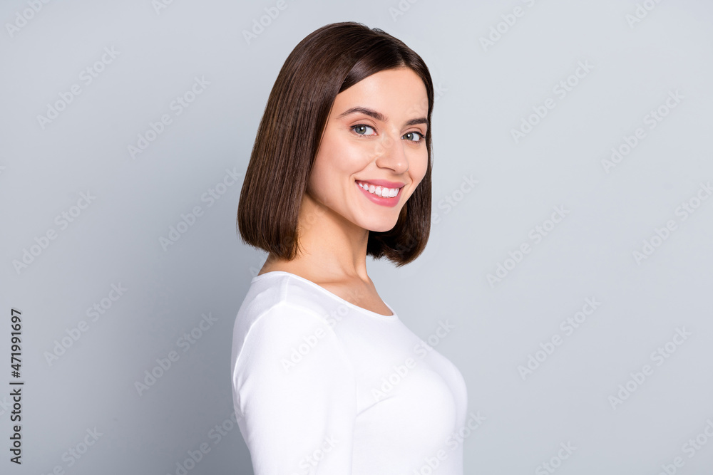Profile photo of funky brunette millennial lady look camera wear white pullover isolated on grey color background