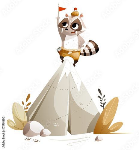 Cartoon character raccoon conquered the top of the mountain.