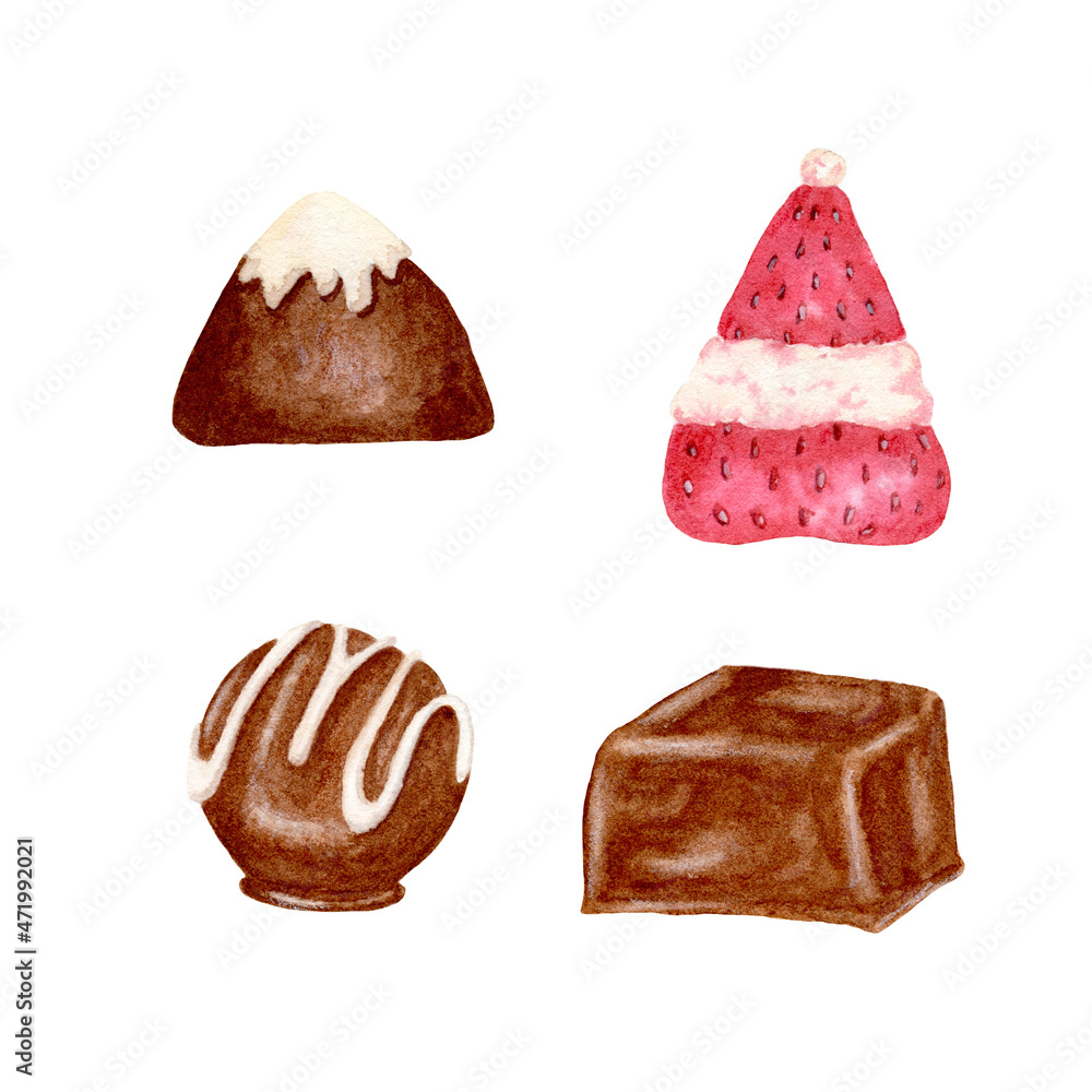 Watercolor set of chocolate sweets. Set of candies with chocolate, truffles, strawberry with cream and pralines, watercolor hand drawn illustration. Sweets isolated on a white background. Watercolor set of chocolate sweets. Set of candies with chocolate, truffles, strawberry with cream and pralines, watercolor hand drawn illustration. Sweets isolated on a white background.