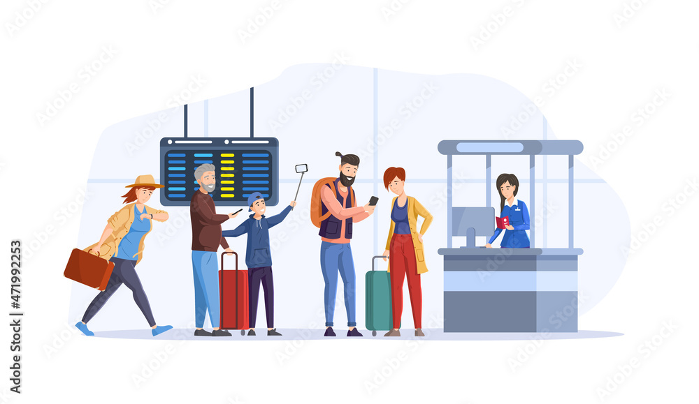 Running tourists delay to flying departure at airport interior. People with luggage suitcases in queue to flight attendant behind airport check in counter Running tourists delay to flying departure at airport interior. People with luggage suitcases in queue to flight attendant behind airport check in counter