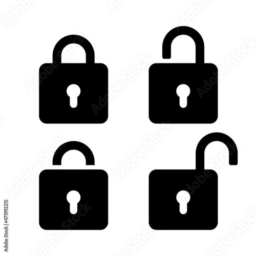 Flat vector illustration of padlock silhouette. Suitable for design element of security, protection, and anti theft system. Padlock icon in various condition.