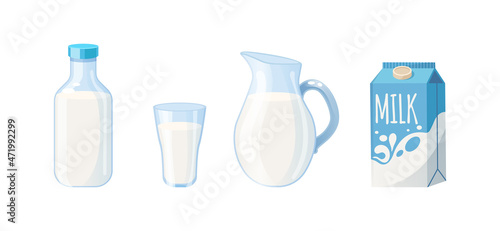 Natural dairy products set. Traditional fresh milk, cream or yogurt lactose beverage full of calcium