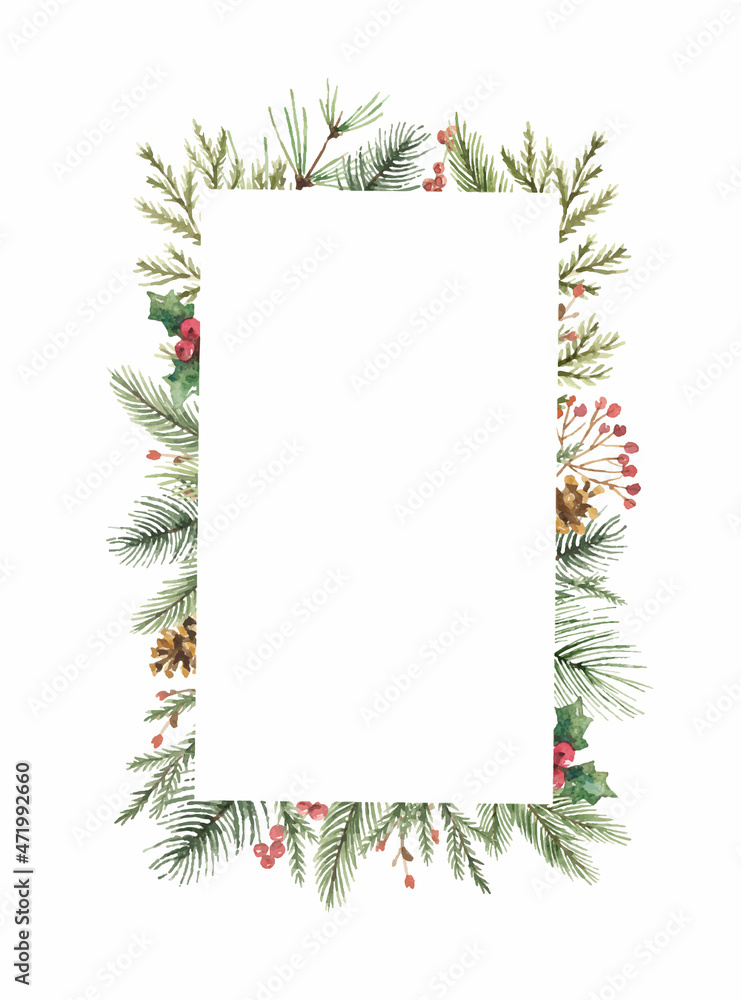 Watercolor vector Christmas frame with fir branches, leaves and a cone. - obrazy, fototapety, plakaty 