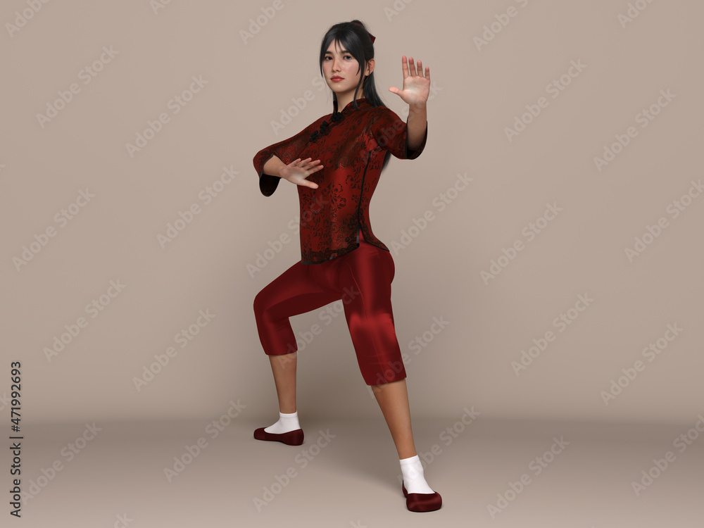 3D Render : a character of a female fighter with chinese Kung Fu style wearing chinese Cheongsam