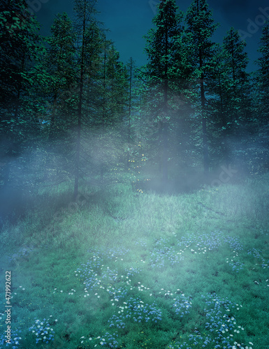 Foggy forest blue landscape in autumn