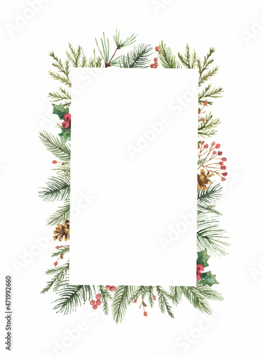 Watercolor vector Christmas frame with fir branches, leaves and a cone.