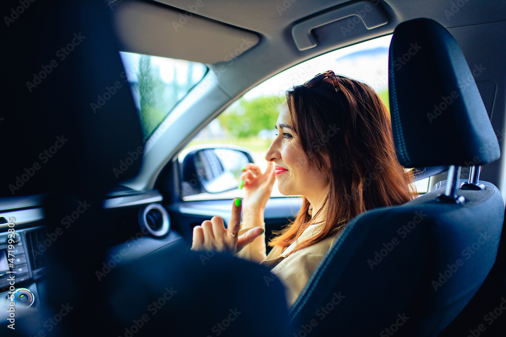 brunette middle age student woman in new car outdoor summer day brunette middle age student woman in new car outdoor summer day