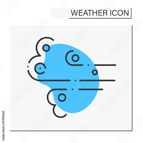 Wind color icon. Windy weather. Floating clouds. Air blowing in directions. Forecast. Weather concept. Isolated vector illustration
