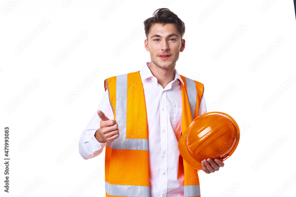 emotional worker in orange uniform Professional light background emotional worker in orange uniform Professional light background