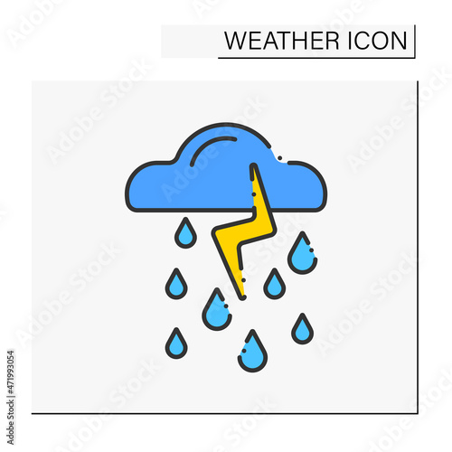 Storm color icon. Heavy rain with lightning and thunder. Thunderstorm with thunder clouds. Bad weather. Weather concept. Isolated vector illustration