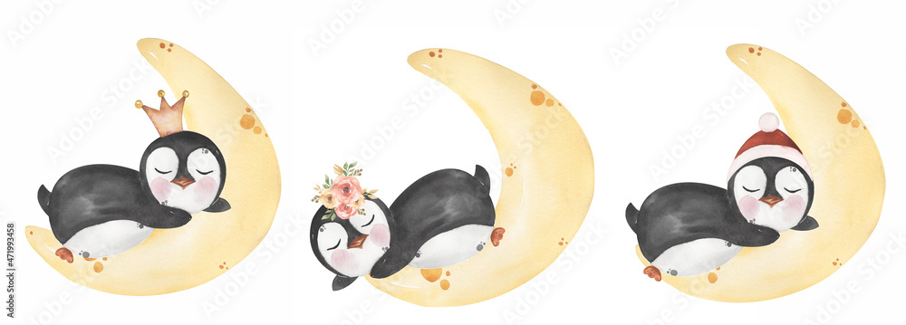 Cute Baby Penguin sleeping on the crescent Clipart set, Watercolor Little  Arctic White and black Animal clipart, Winter kids birthday party,  Christmas card, baby shower, textile Stock Illustration | Adobe Stock