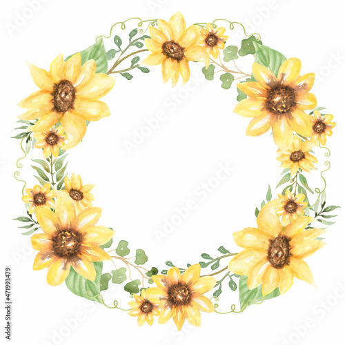 Watercolor Sunflowers Wreath Clipart, Yellow Florals Frame illustration, Greenery Clip art, Bouquet print, Wedding Invitation, Logo design